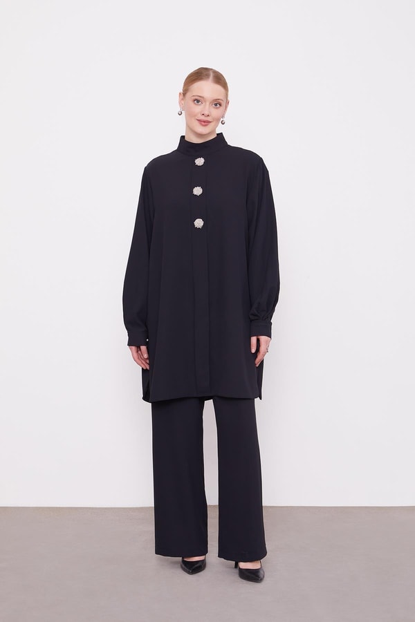 LevidorSiyah İnci İşlemeli Tunik Takım