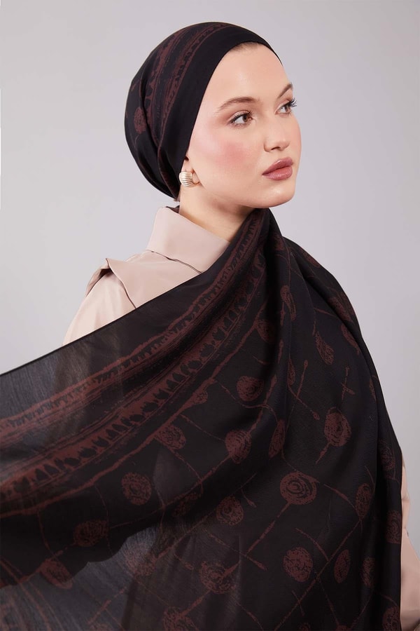 LevidorSiyah-Kahve Yuvarlak Desenli Yün İpek Şal
