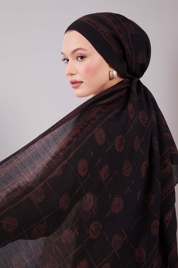 LevidorSiyah-Kahve Yuvarlak Desenli Yün İpek Şal