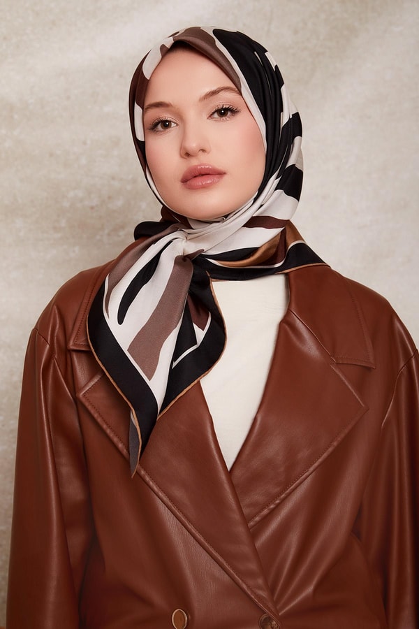 LevidorSiyah-Kahve Zebra Desen Twill İpek Eşarp