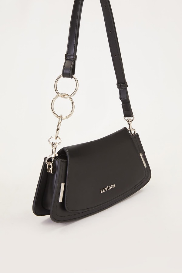 LevidorSiyah Kapaklı Deri Asklı Baget Çanta