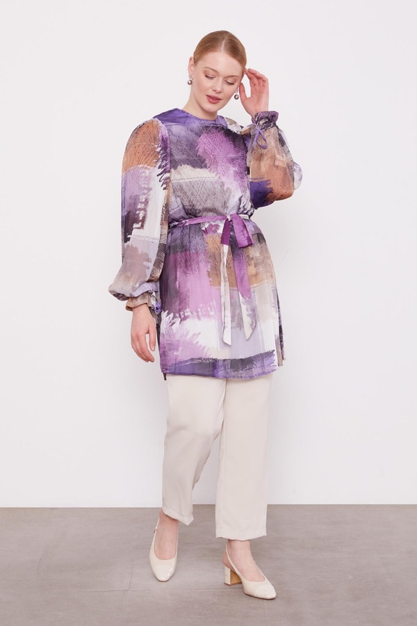 LevidorSiyah Karışık Fırça Desen Şifon Tunik