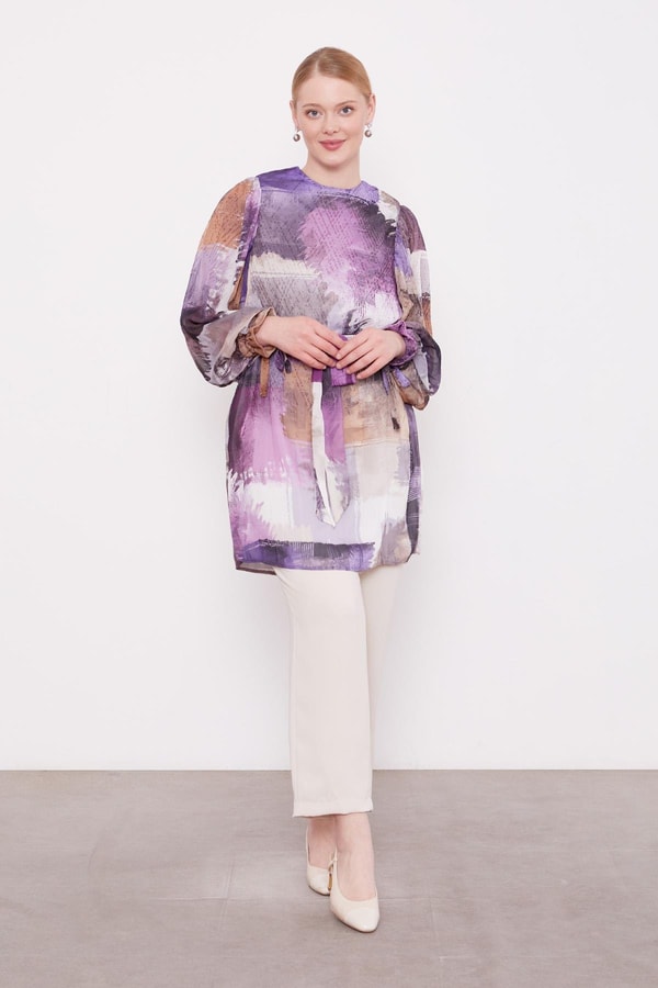 LevidorSiyah Karışık Fırça Desen Şifon Tunik