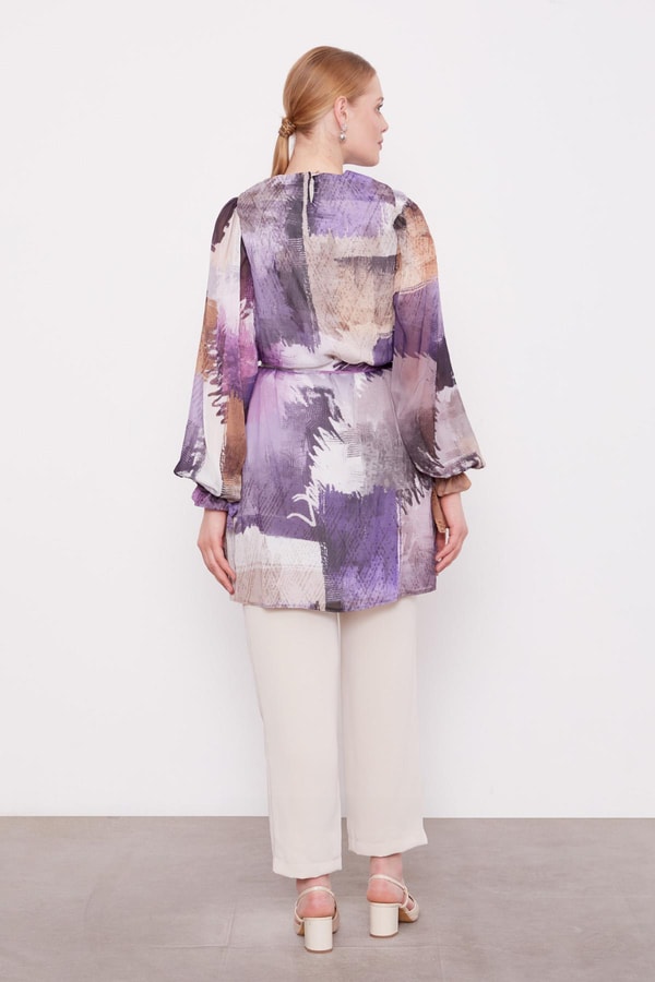 LevidorSiyah Karışık Fırça Desen Şifon Tunik