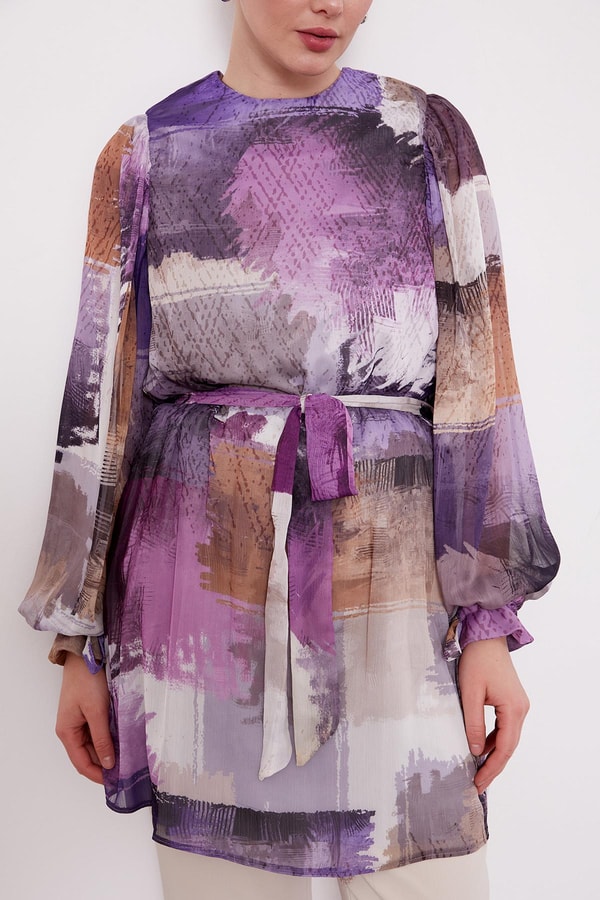 LevidorSiyah Karışık Fırça Desen Şifon Tunik