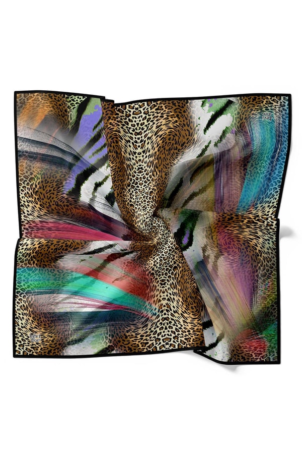 LevidorSiyah Karışık Leopar Desen Twill İpek Eşarp