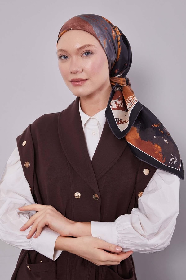 LevidorSiyah Karma Desenli Twill İpek Eşarp