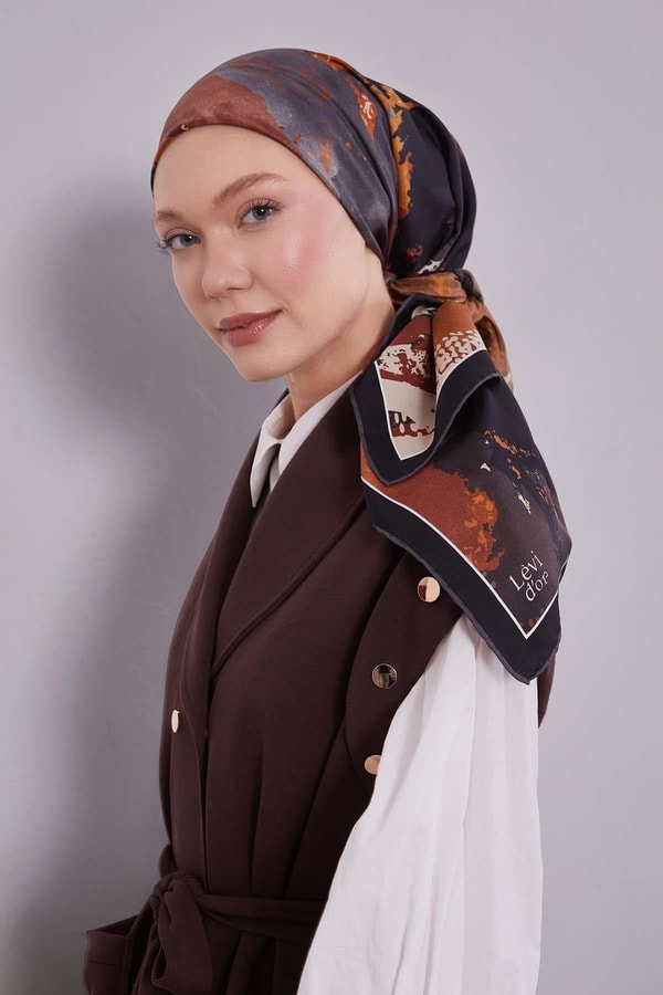 LevidorSiyah Karma Desenli Twill İpek Eşarp