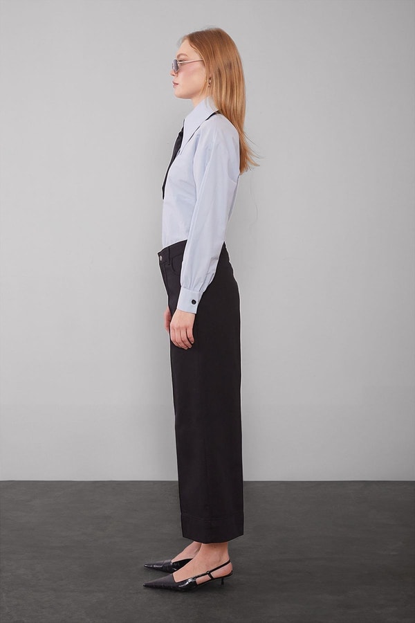 LevidorSiyah Katlı Paçalı Wideleg Pantolon