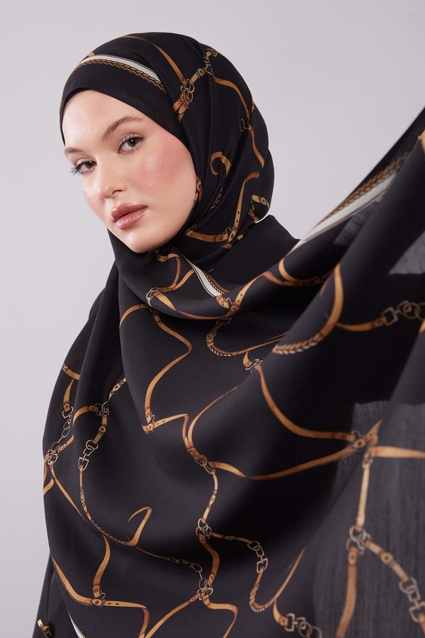 LevidorSiyah Kemer Desenli Yün İpek Şal