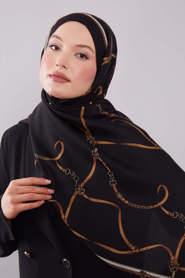 LevidorSiyah Kemer Desenli Yün İpek Şal