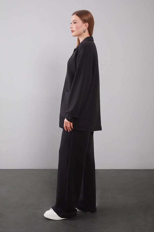 LevidorSiyah Kendinden Desen Yakalı İkili Takım