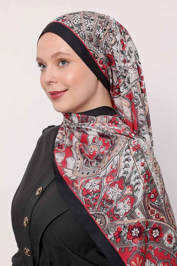 LevidorSiyah-Kırmızı Soyut Çiçek Desen Love Şal