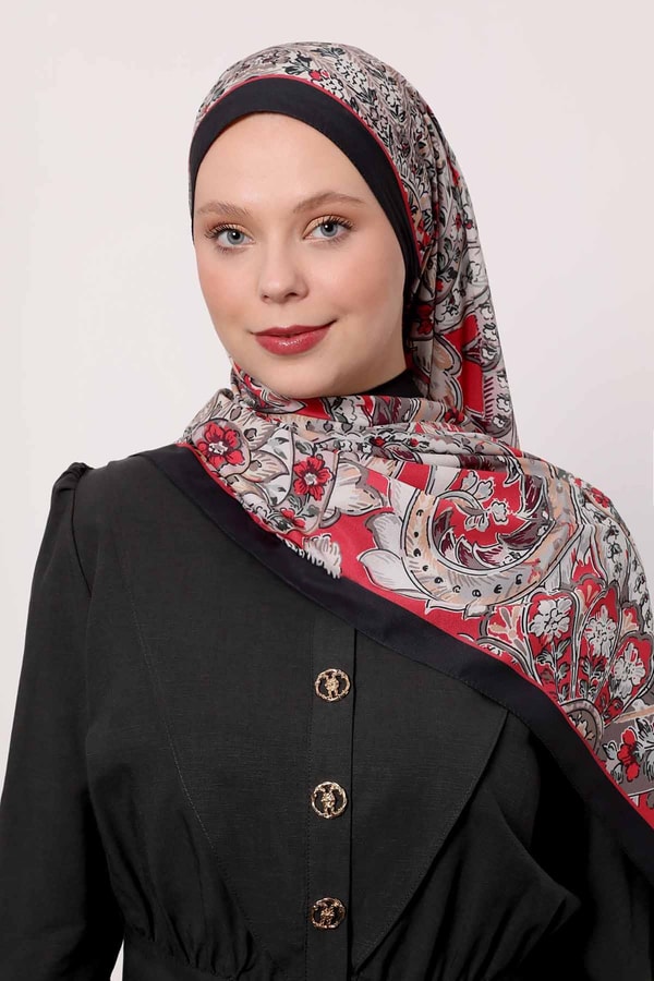 LevidorSiyah-Kırmızı Soyut Çiçek Desen Love Şal