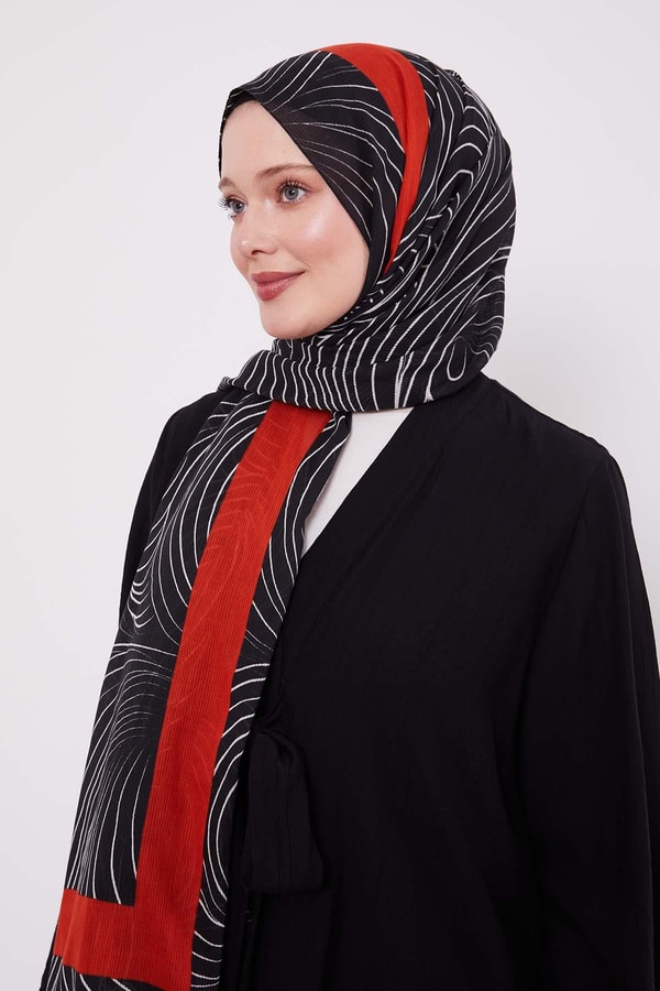 LevidorSiyah-Kırmızı Tropikal Pamuklu Şal