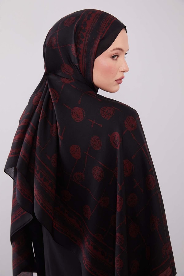 LevidorSiyah-Kırmızı Yuvarlak Desenli Yün İpek Şal