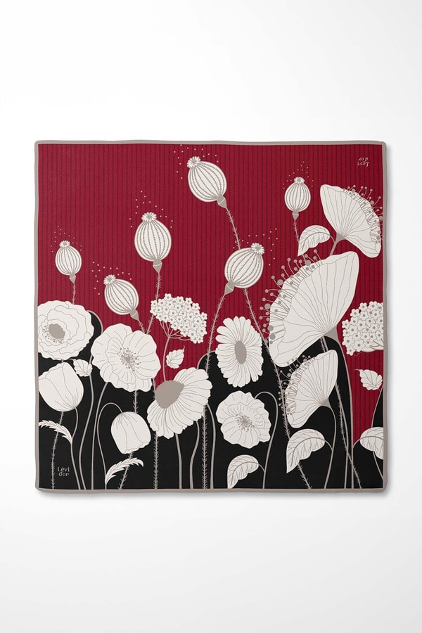 LevidorSiyah-Kırmızı Zambak Çiçek Desen Twill İpek Eşarp