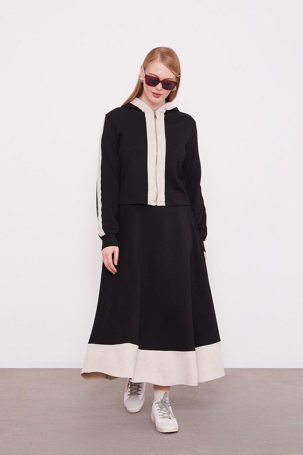 LevidorSiyah Kısa Hırkalı Fermuar Kapamalı Etek Takım