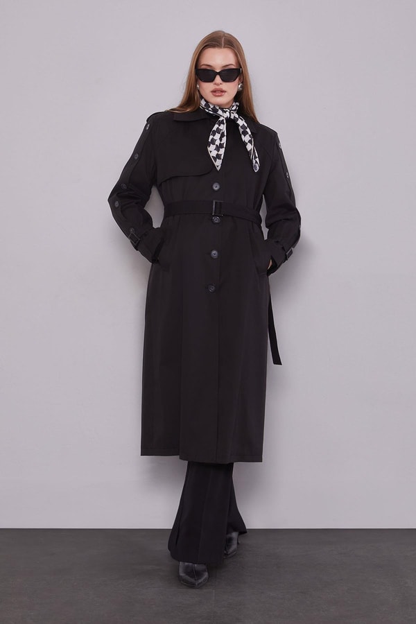 LevidorSiyah Kol Düğme Detaylı Trençkot