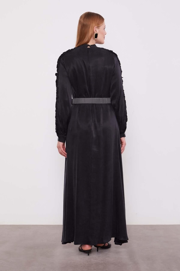 LevidorSiyah Kol Güpürlü Cupra Elbise