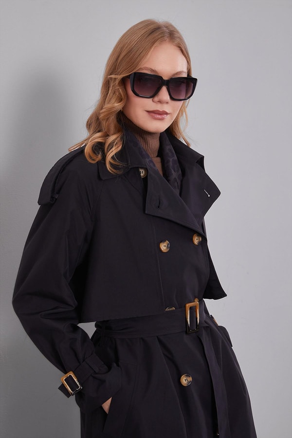 LevidorSiyah Kol Kemerli Trençkot