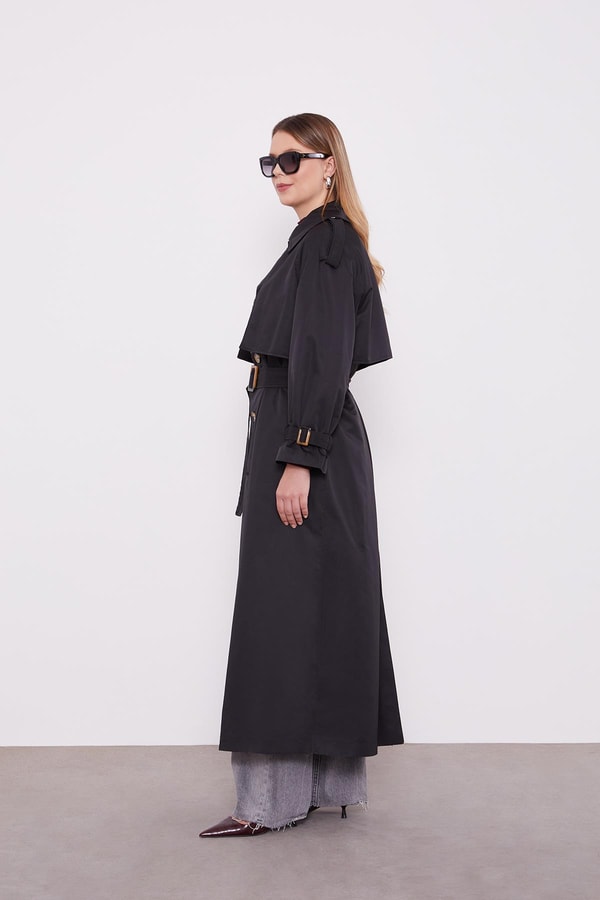 LevidorSiyah Kol Kemerli Trençkot
