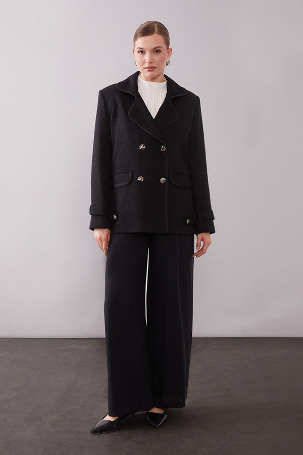 LevidorSiyah Kruvaze Kenar Şeritli Kaşmir Ceket