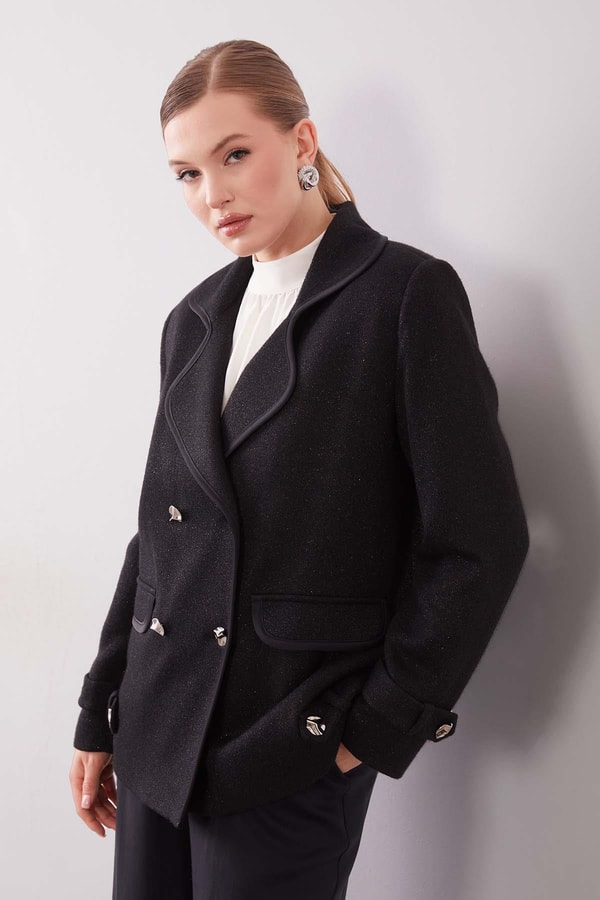 LevidorSiyah Kruvaze Kenar Şeritli Kaşmir Ceket