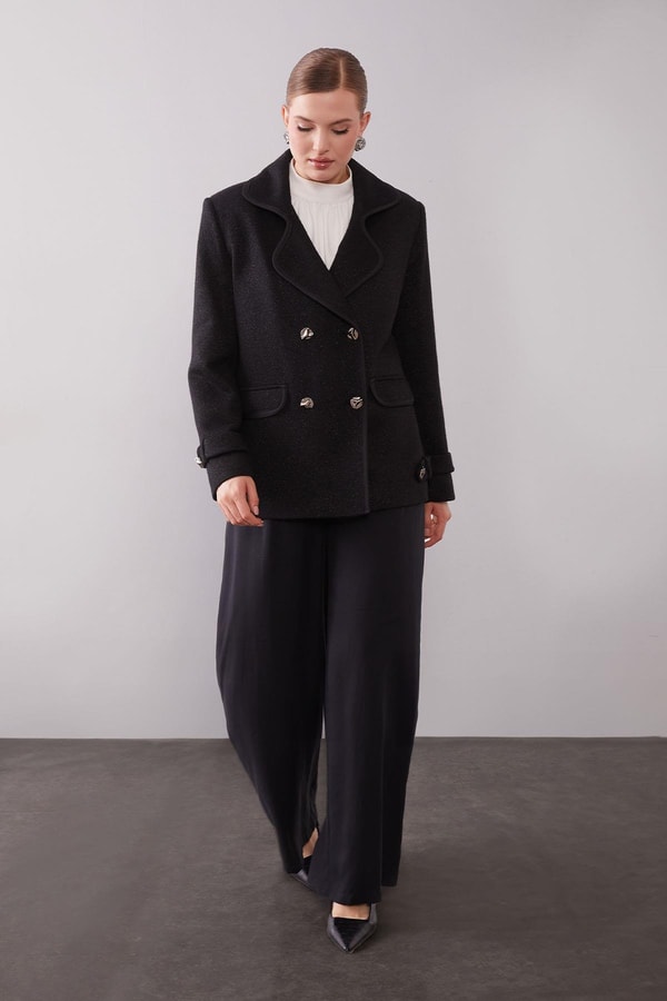 LevidorSiyah Kruvaze Kenar Şeritli Kaşmir Ceket