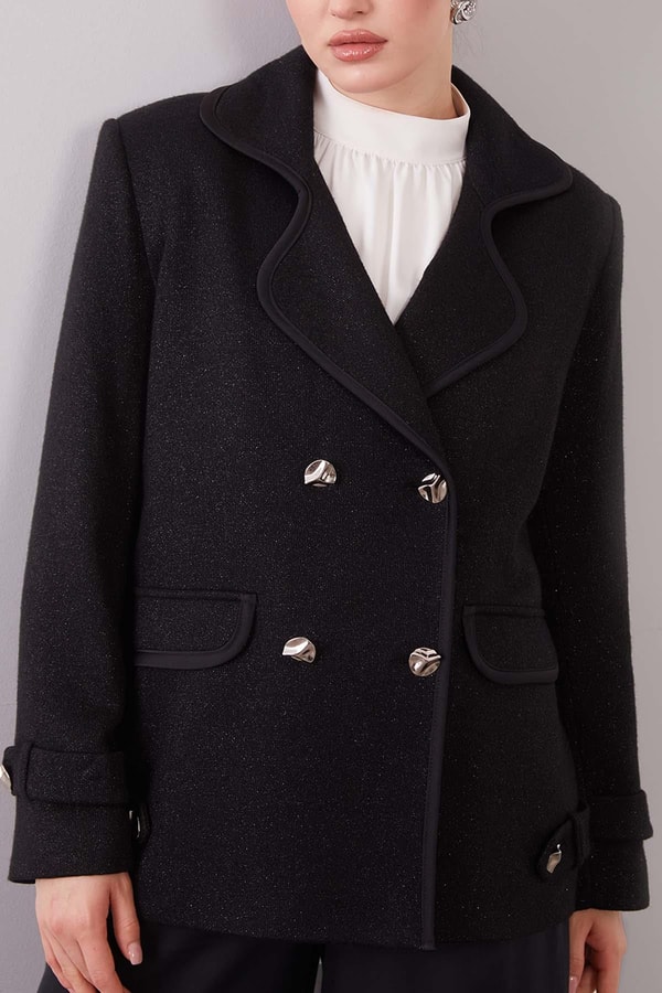 LevidorSiyah Kruvaze Kenar Şeritli Kaşmir Ceket