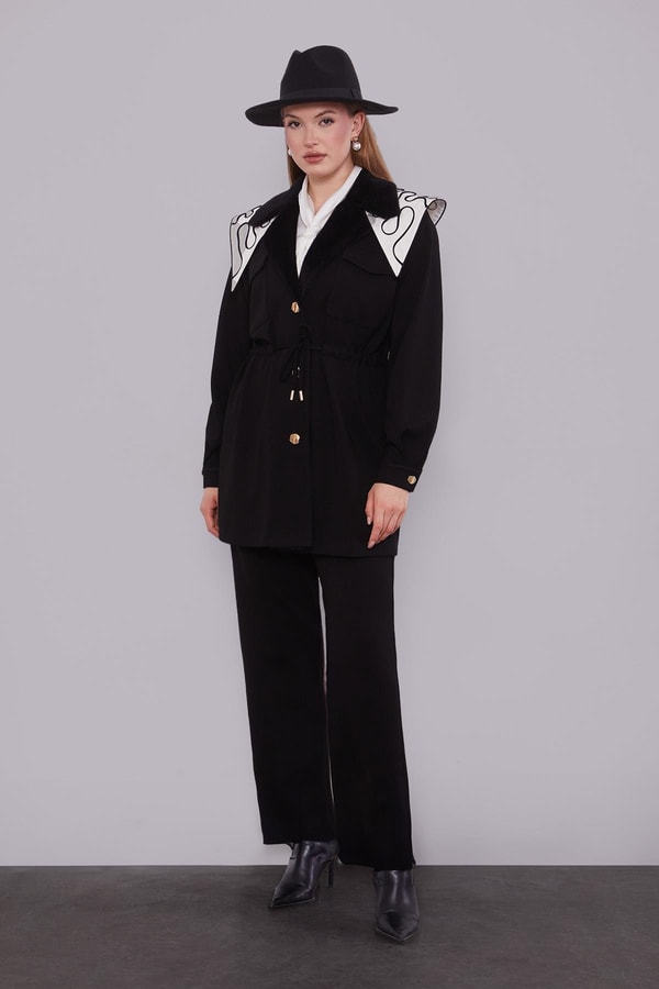 LevidorSiyah Kruvaze Kürk Yakalı İkili Takım