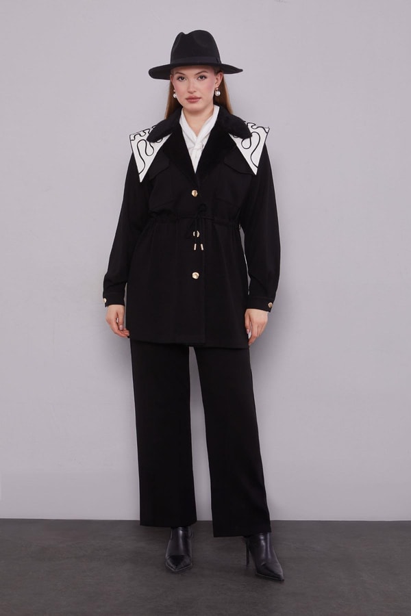 LevidorSiyah Kruvaze Kürk Yakalı İkili Takım