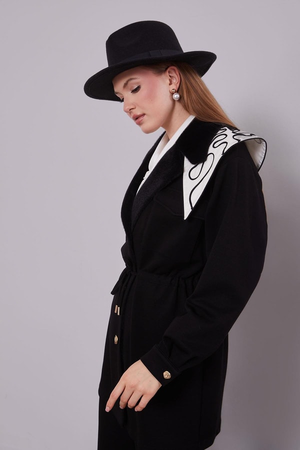 LevidorSiyah Kruvaze Kürk Yakalı İkili Takım