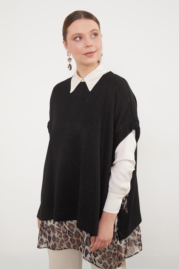 LevidorSiyah Leopar Tül Detaylı Tunik