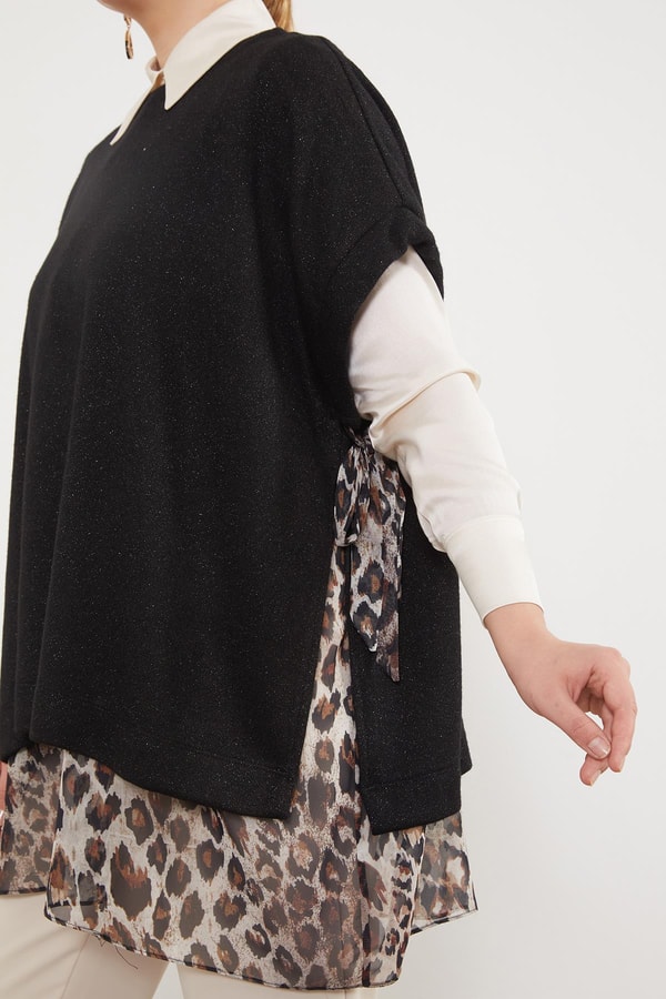 LevidorSiyah Leopar Tül Detaylı Tunik