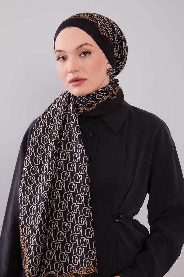 LevidorSiyah LVD Baskılı Yün İpek Şal