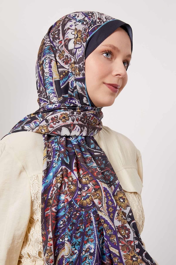 LevidorSiyah-Mavi Soyut Çiçek Desen Love Şal