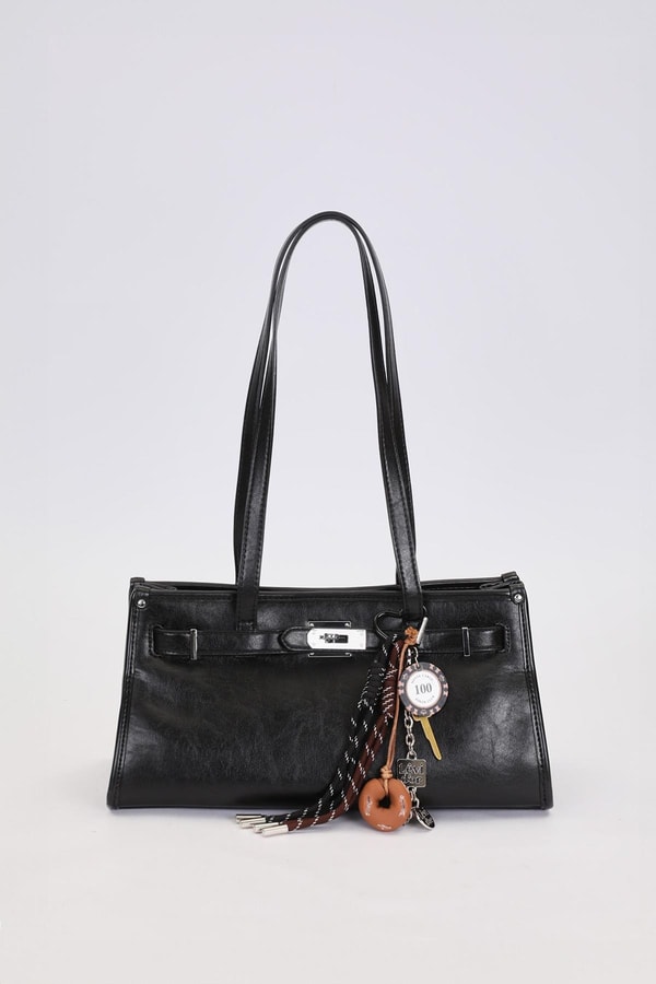 LevidorSiyah Metal Kilit Charmlı Omuz Çantası