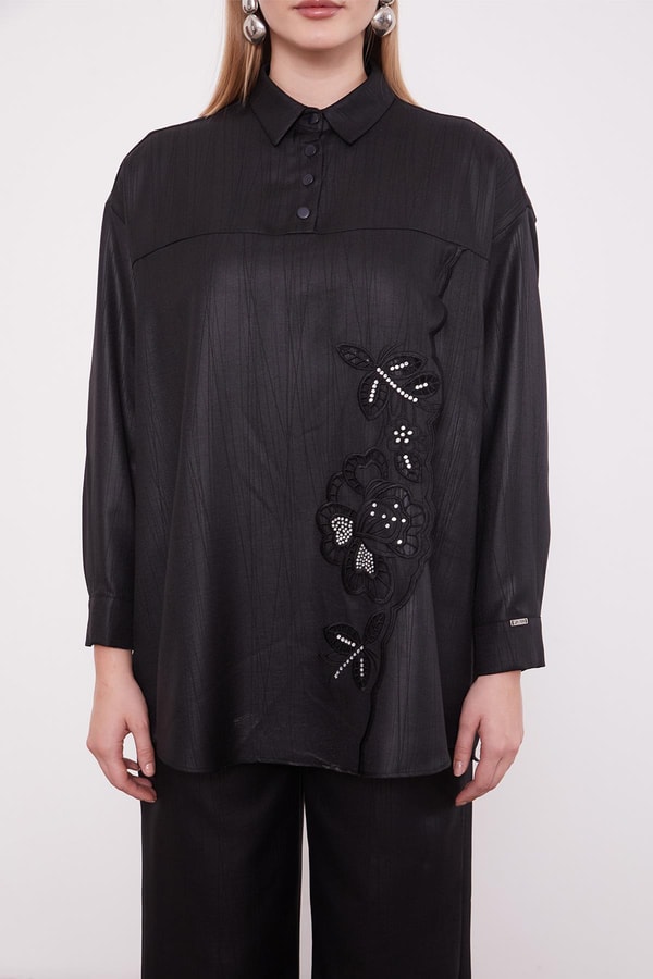 LevidorSiyah Nakış Gül Detaylı Tunik Takım