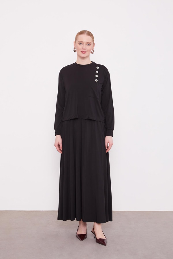 LevidorSiyah Omuz Düğme Detaylı Etek Takım