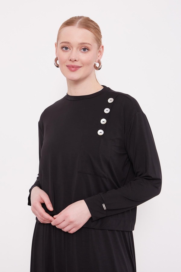 LevidorSiyah Omuz Düğme Detaylı Etek Takım