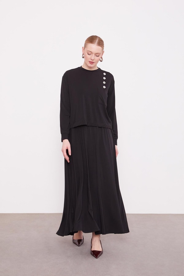LevidorSiyah Omuz Düğme Detaylı Etek Takım