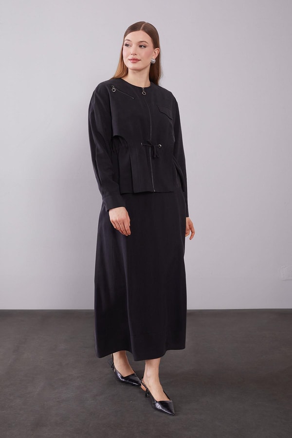 LevidorSiyah Omuz Fermuar Detaylı Etek Takım