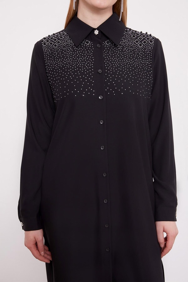 LevidorSiyah Omzu Kare Taşlı Tunik