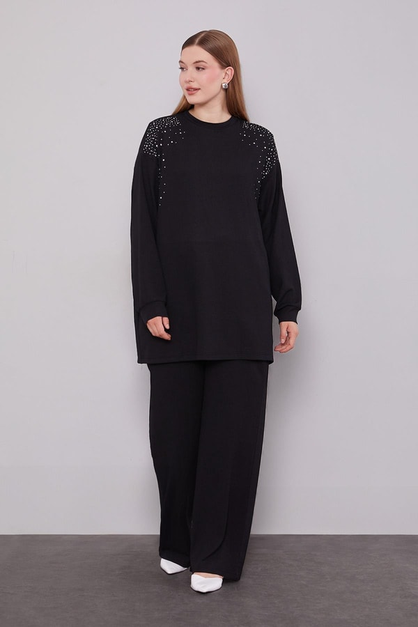 LevidorSiyah Omzu Taş İşlemeli İkili Takım