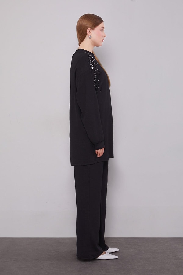 LevidorSiyah Omzu Taş İşlemeli İkili Takım