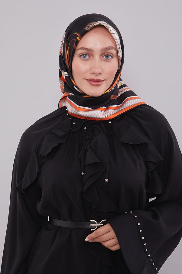 LevidorSiyah-Oranj Twill İpek Eşarp Lunera Koleksiyonu