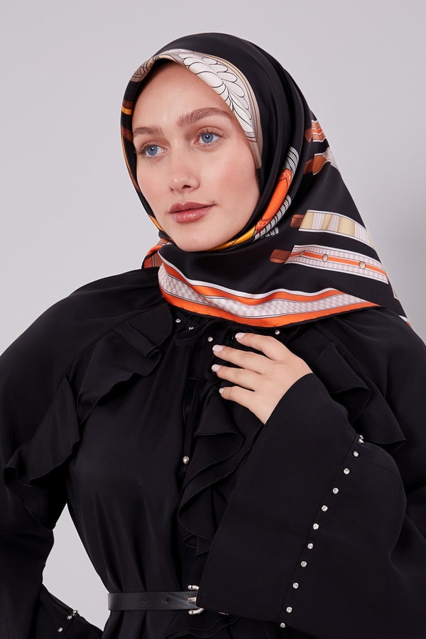 LevidorSiyah-Oranj Twill İpek Eşarp Lunera Koleksiyonu