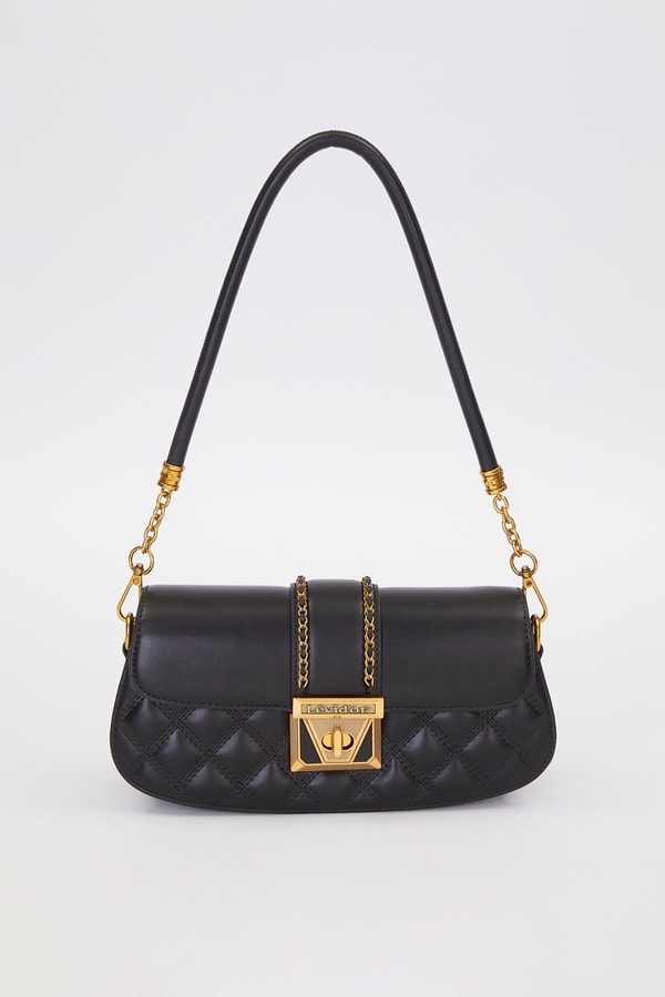 LevidorSiyah Oval Kapitone Desen Omuz Çantası