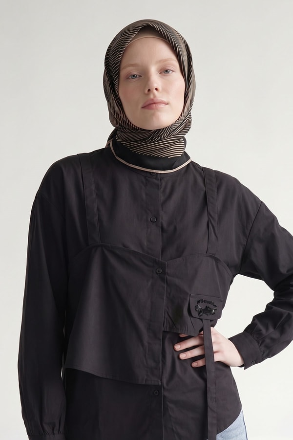 LevidorSiyah Sarmal Çizgili Twill İpek Eşarp